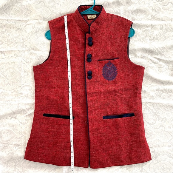 Men’s Red Waistcoat Nehru Jacket - Picture 4 of 6